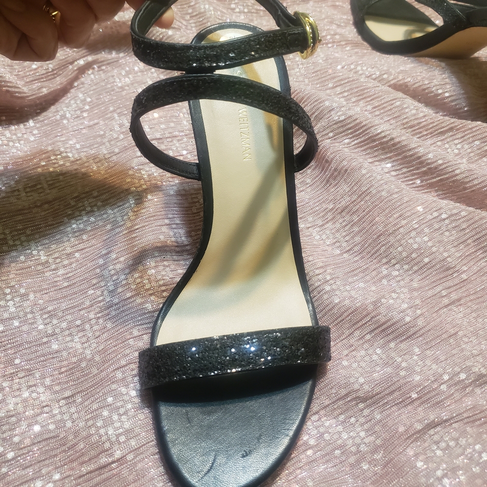 Stuart Weitzman Black Glitter Strappy Ankle Strap Heel Sandals Size 8 - Picture 9 of 9